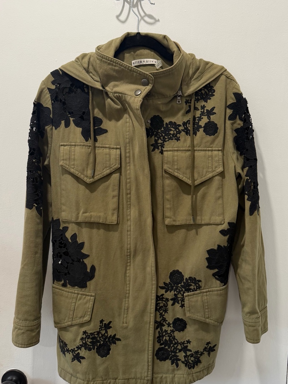 Alice + Olivia Olive Hooded Utility Jacket with Black Floral Appliqué